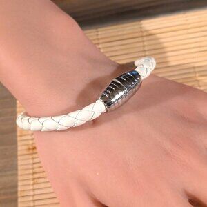 White Braided Thick Vegan Leather Magnetic Clasp Bangle Bracelet
